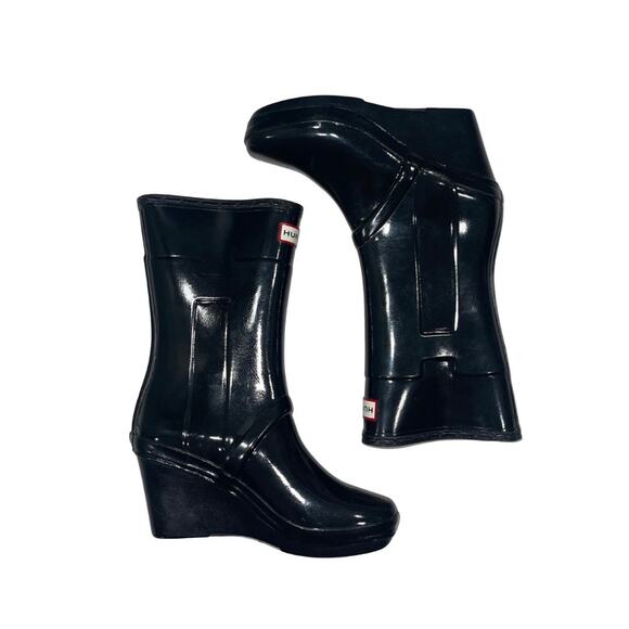Hunter Kellan Black Wedge Heel Womens Rain Winter Boot Size 7 Waterproof - Picture 1 of 6